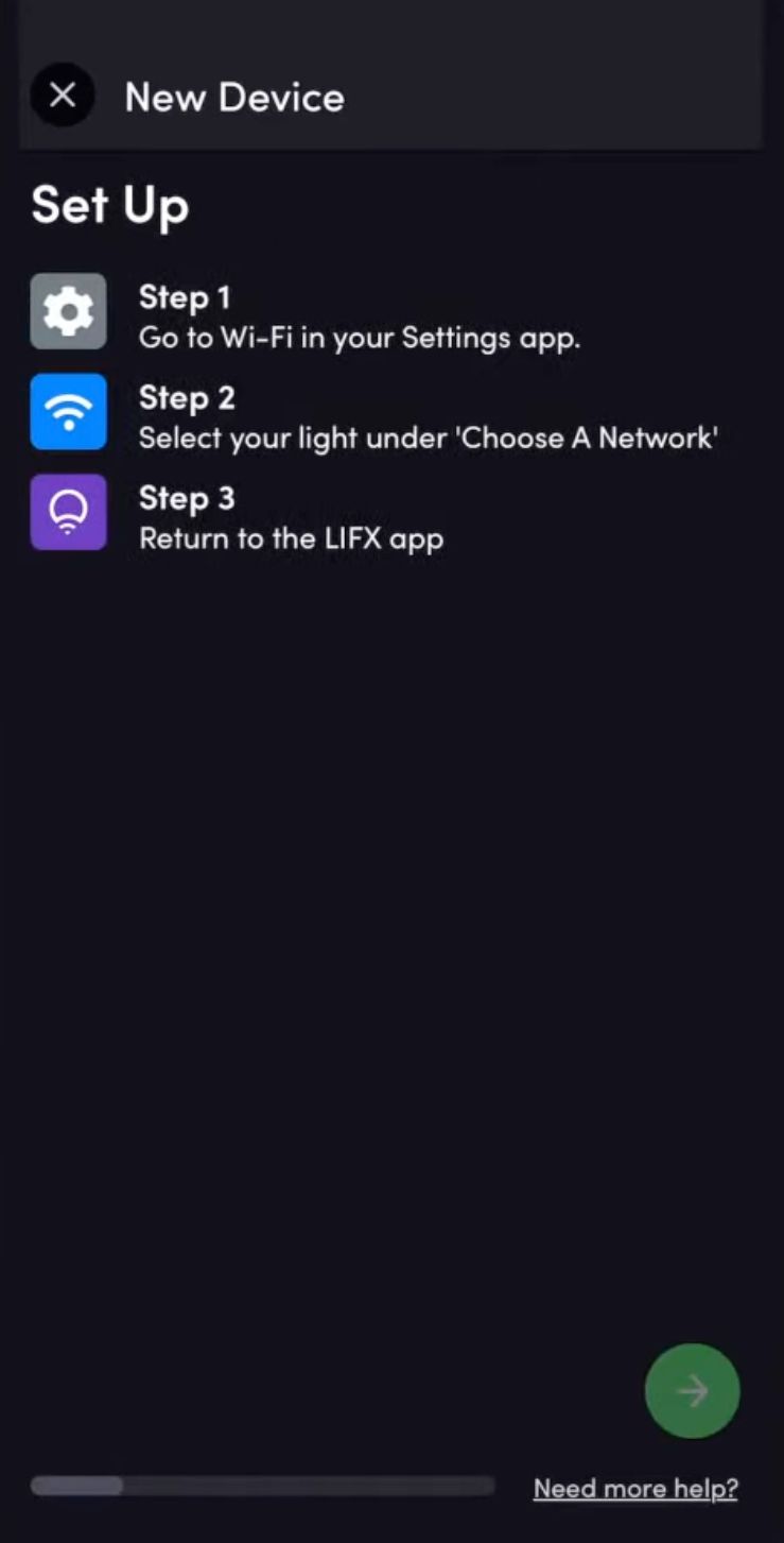 O aplicativo LIFX mostrando a tela de configuração de um novo dispositivo