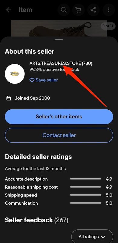 Sobre este vendedor, guia pop-up no aplicativo móvel do eBay