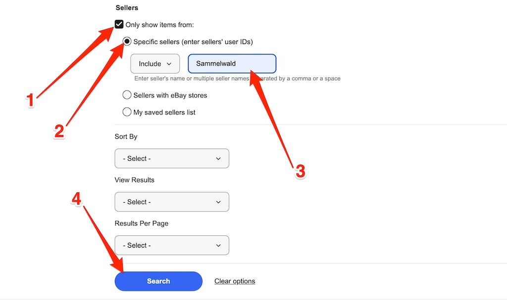 Usando o filtro de pesquisa avançada do eBay para encontrar um vendedor