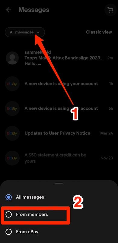 Filtrando mensagens de membros no aplicativo móvel eBay