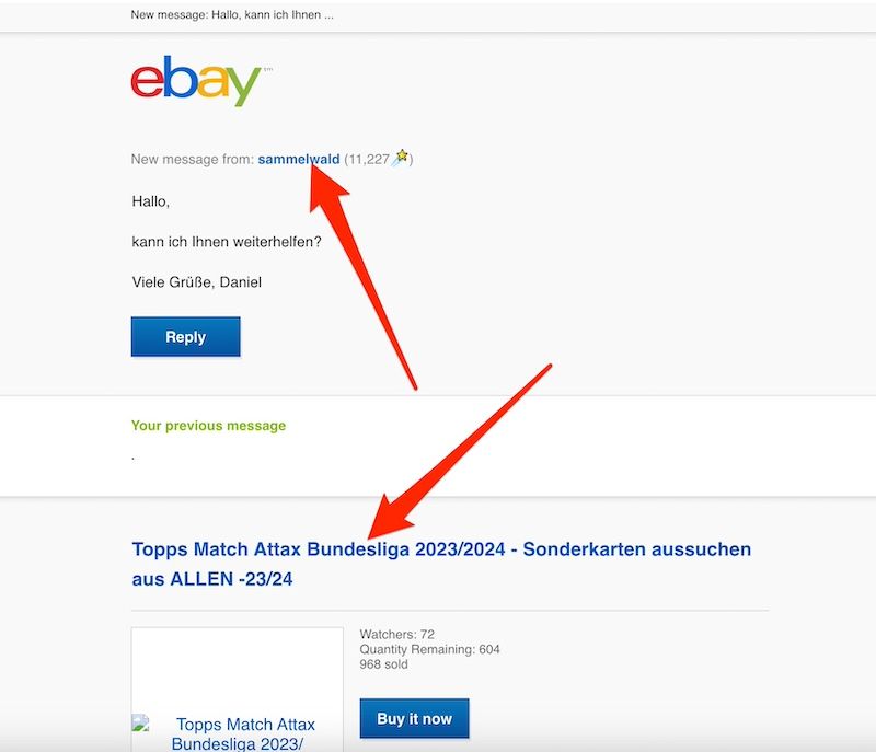 Mensagem com o vendedor no site eBay para desktop