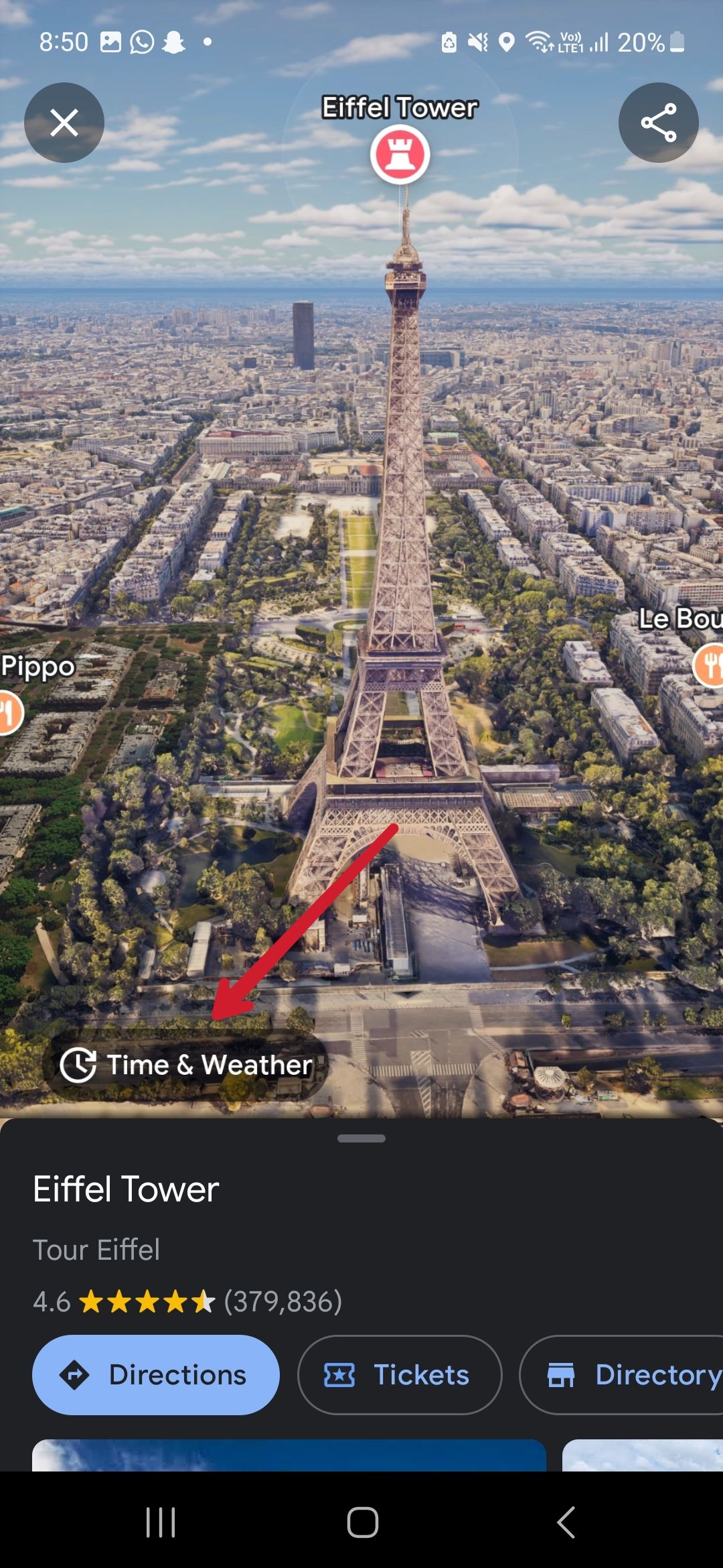 Captura de tela mostrando as configurações de hora e clima no Google Maps