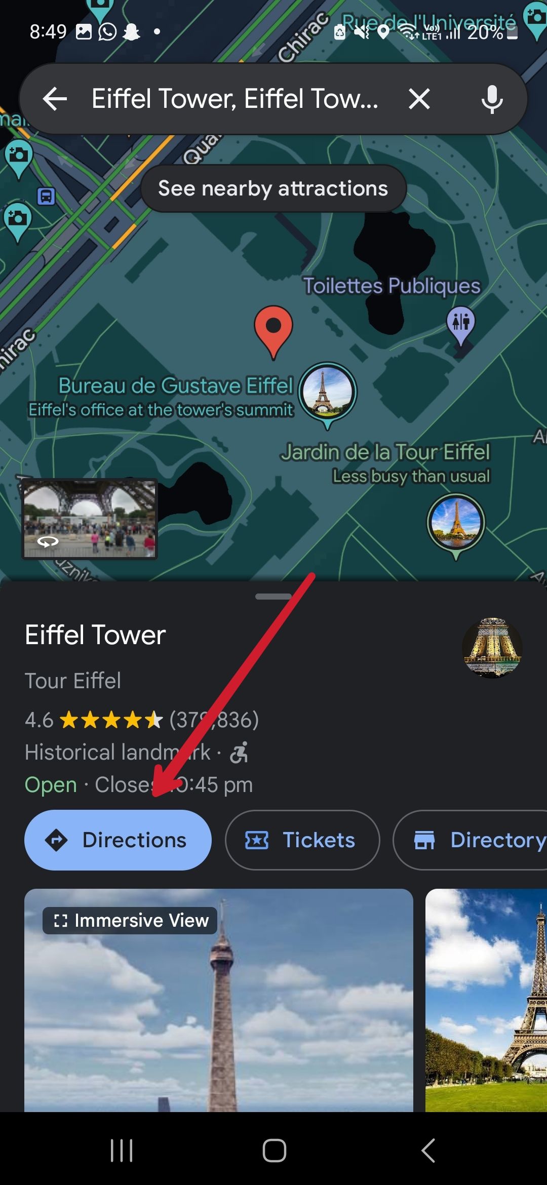 Captura de tela mostrando a opção de obter rotas no Google Maps