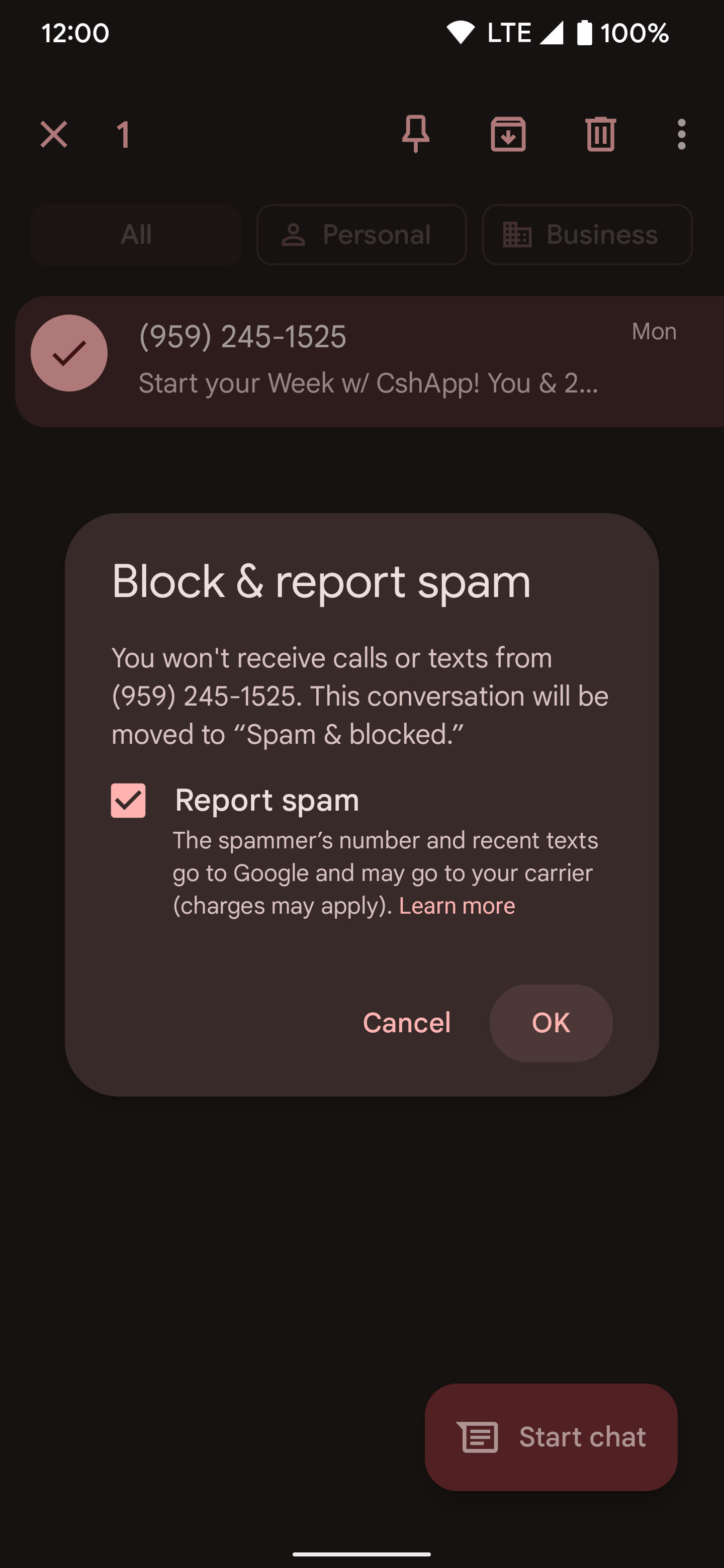 Captura de tela da mensagem ‘Bloquear e denunciar spam’ no telefone Android