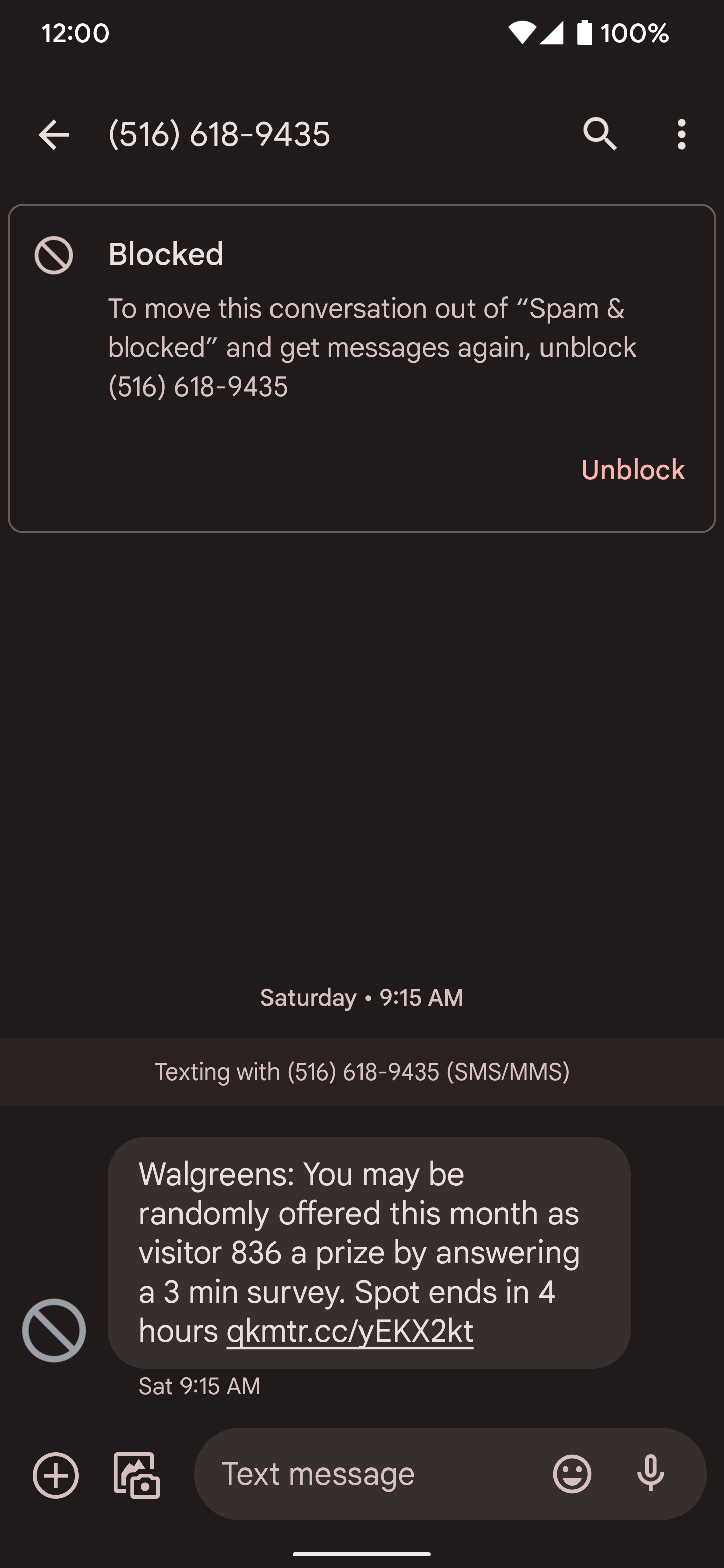 Uma mensagem SMS de spam bloqueada