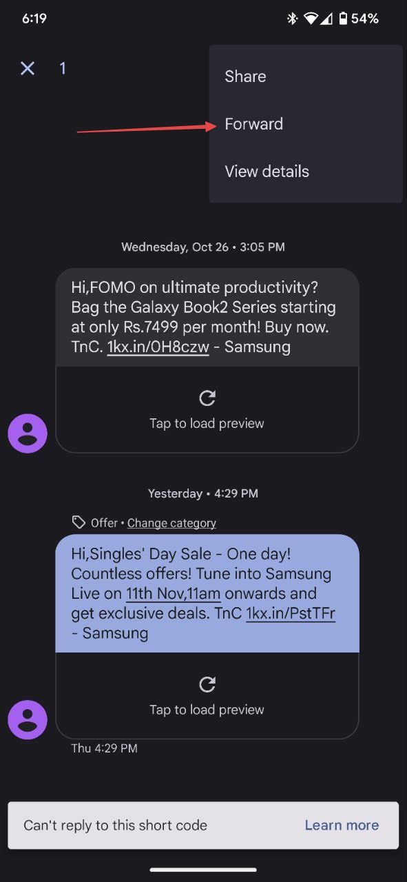 captura de tela mostrando como encaminhar uma mensagem de texto