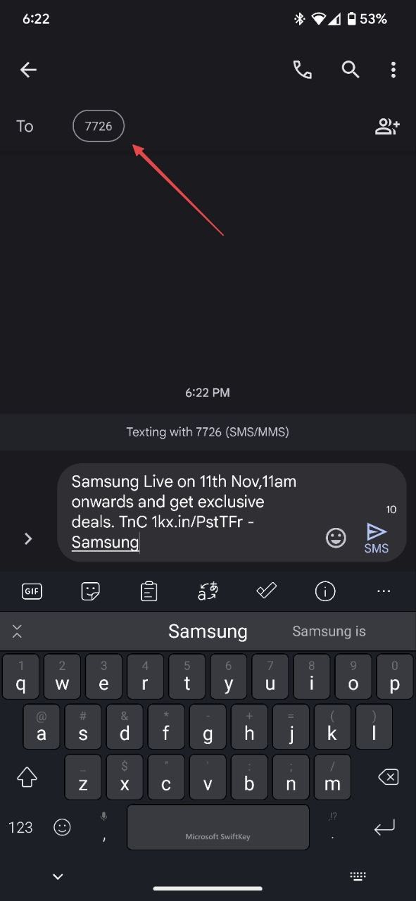 captura de tela mostrando o encaminhamento de mensagem de texto para o número de SPAM designado pela operadora