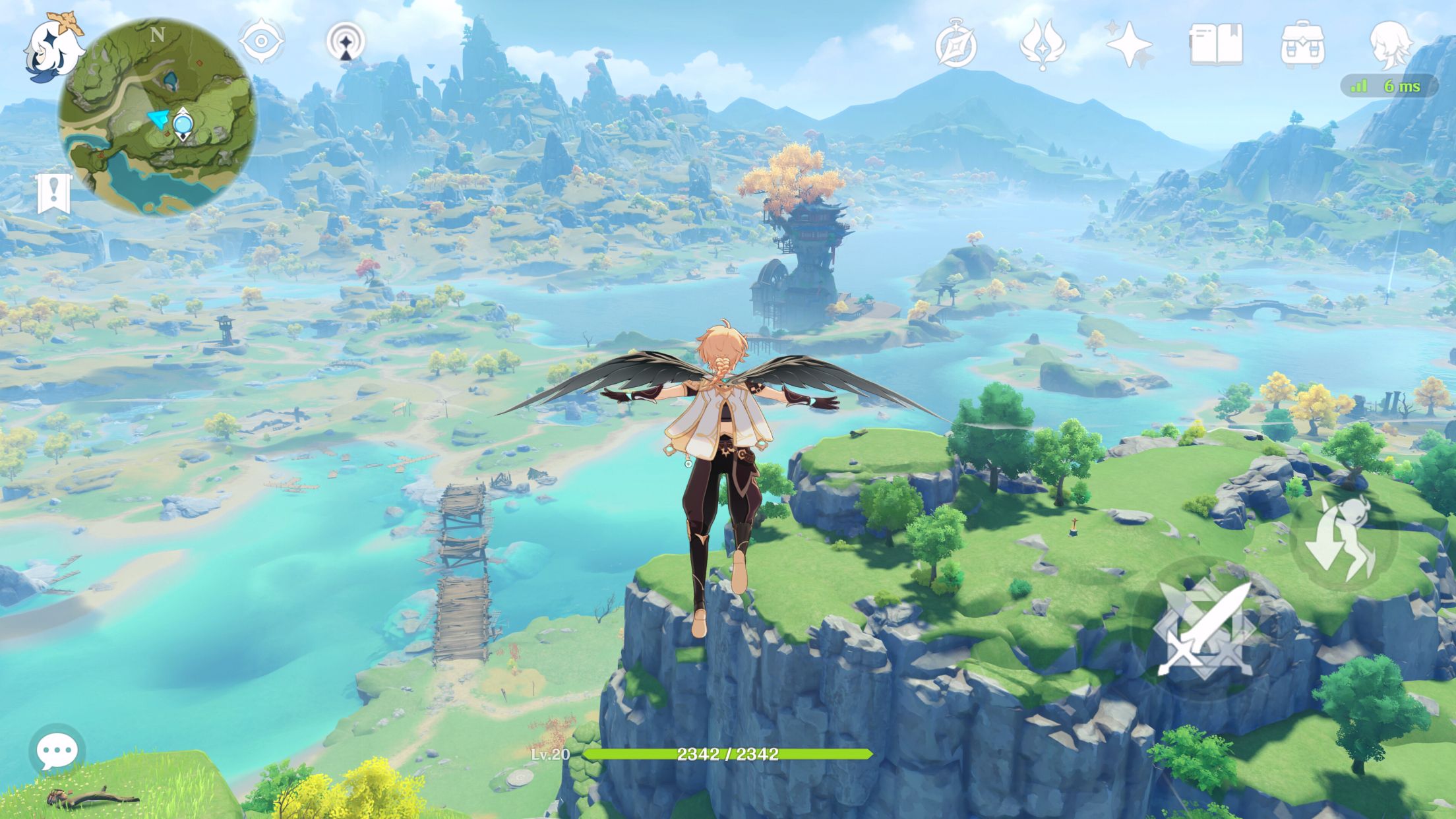 Genshin Impact mostrando um personagem voando por um vasto cenário verde