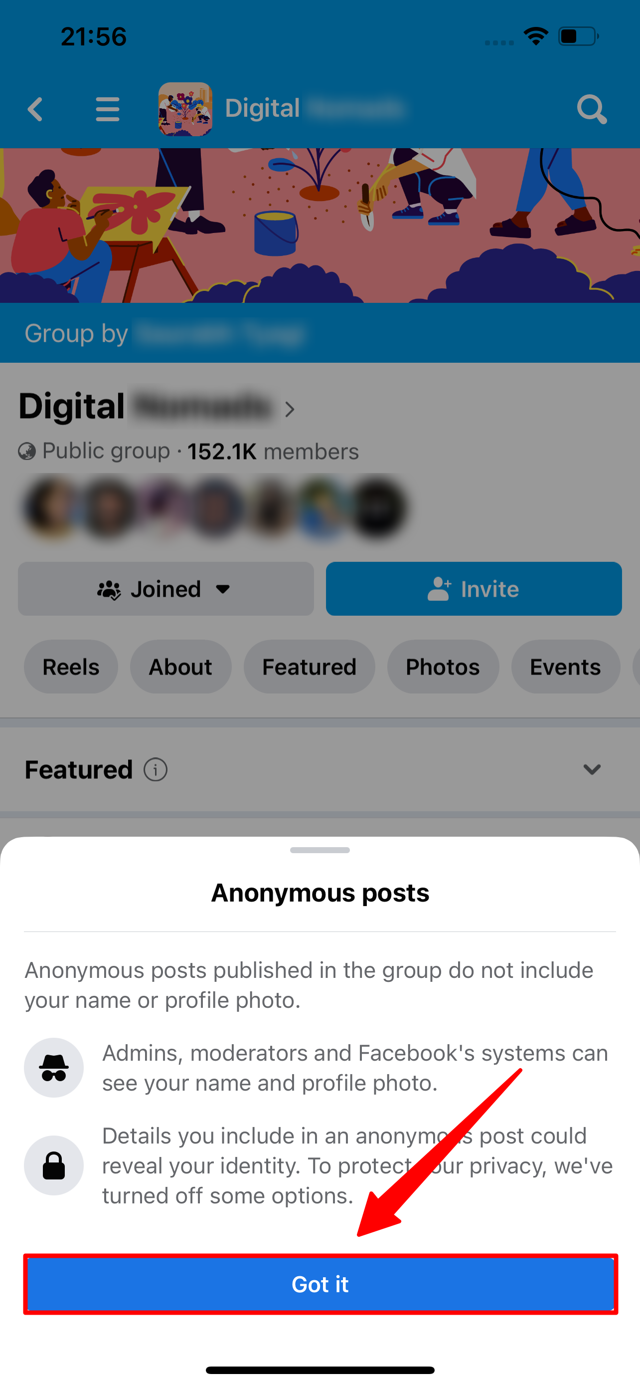 Instruções de postagem anônima no grupo do Facebook no iPhone