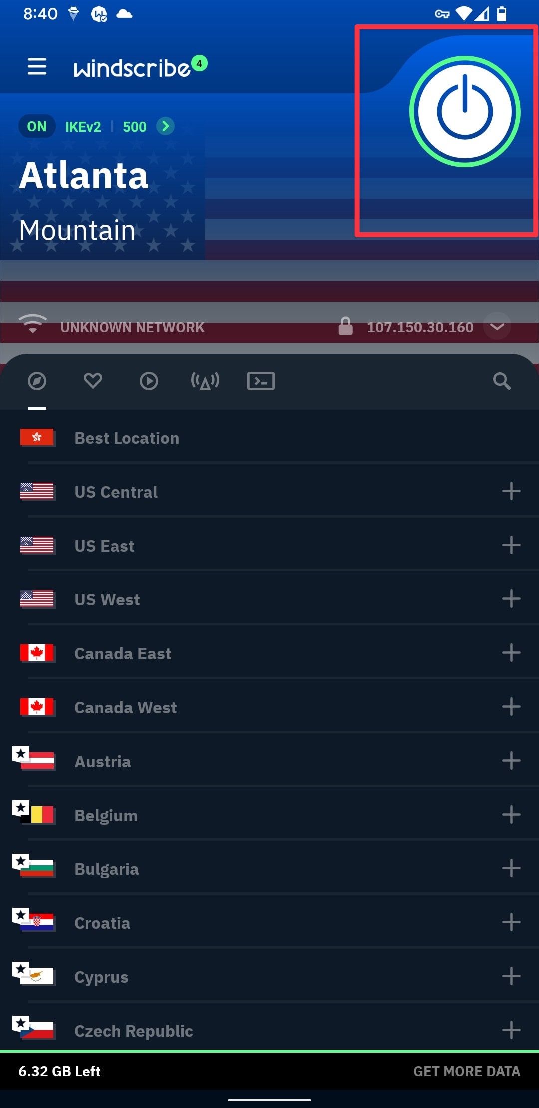 Conexão VPN do aplicativo Windsribe para Android estabelecida