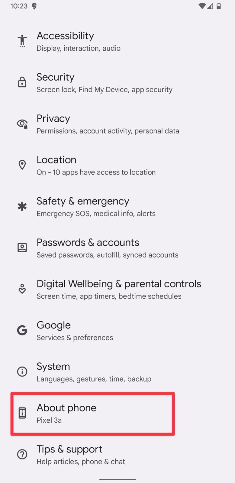 Captura de tela das configurações do Android mostrando a opção Sobre o telefone