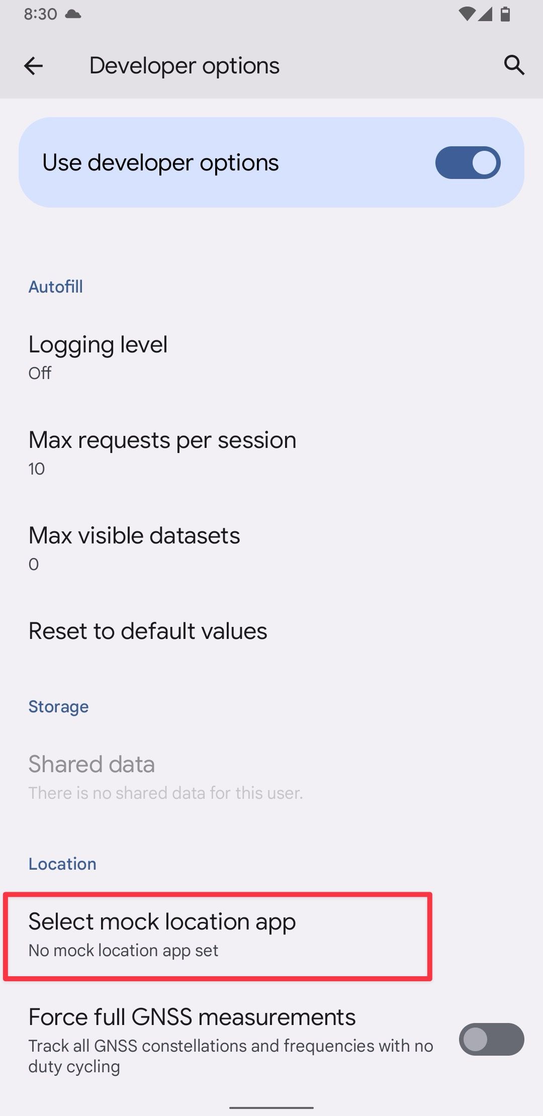 Captura de tela das configurações do Android mostrando a opção de seleção do aplicativo de localização simulada