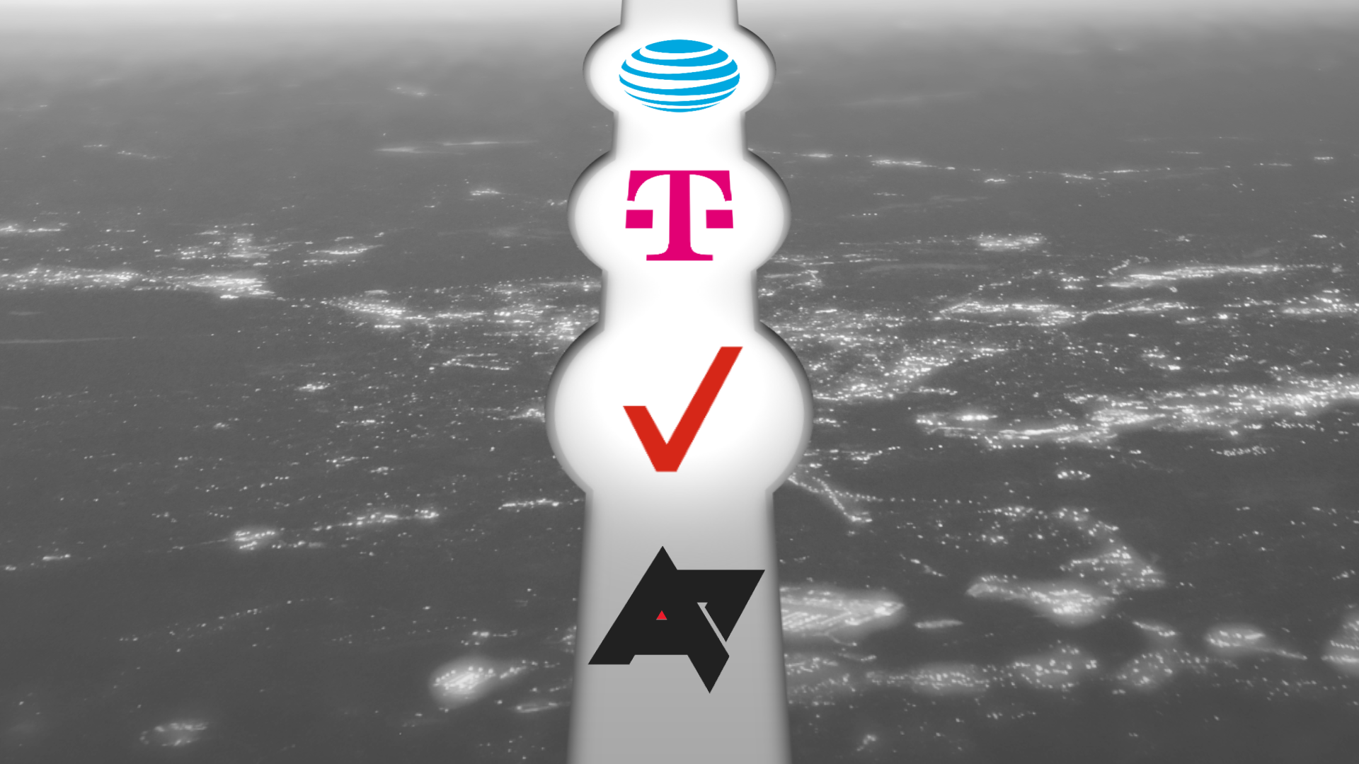 Uma imagem mostrando os logotipos da AT&T, T-Mobile e Verizon Wireless acima no céu