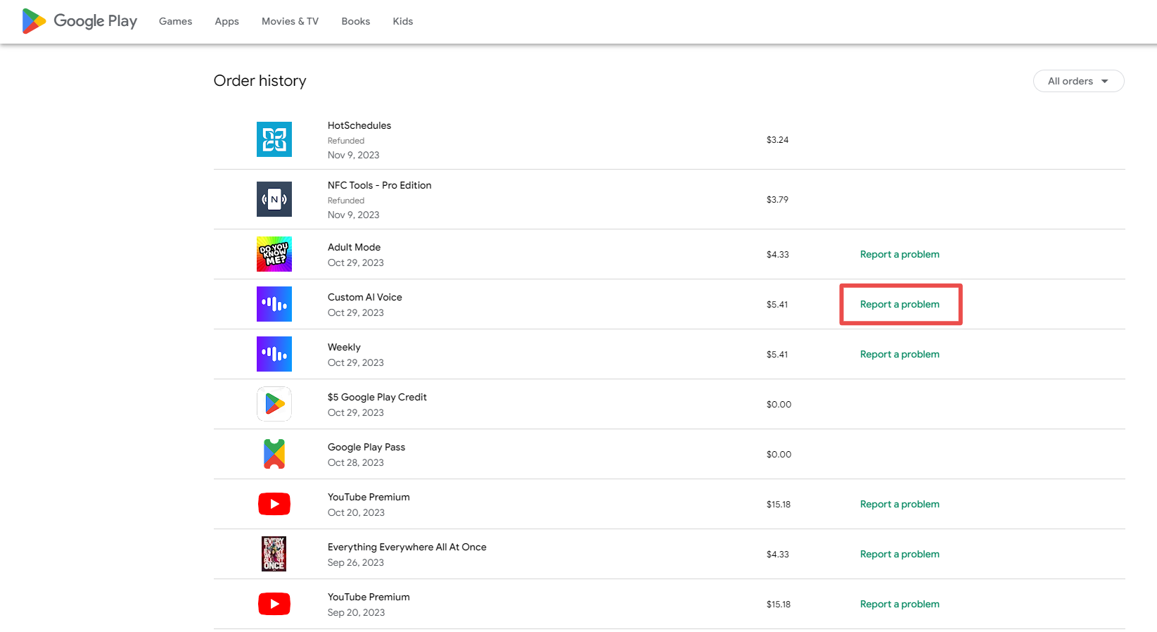 Lista de pedidos anteriores do Google Play