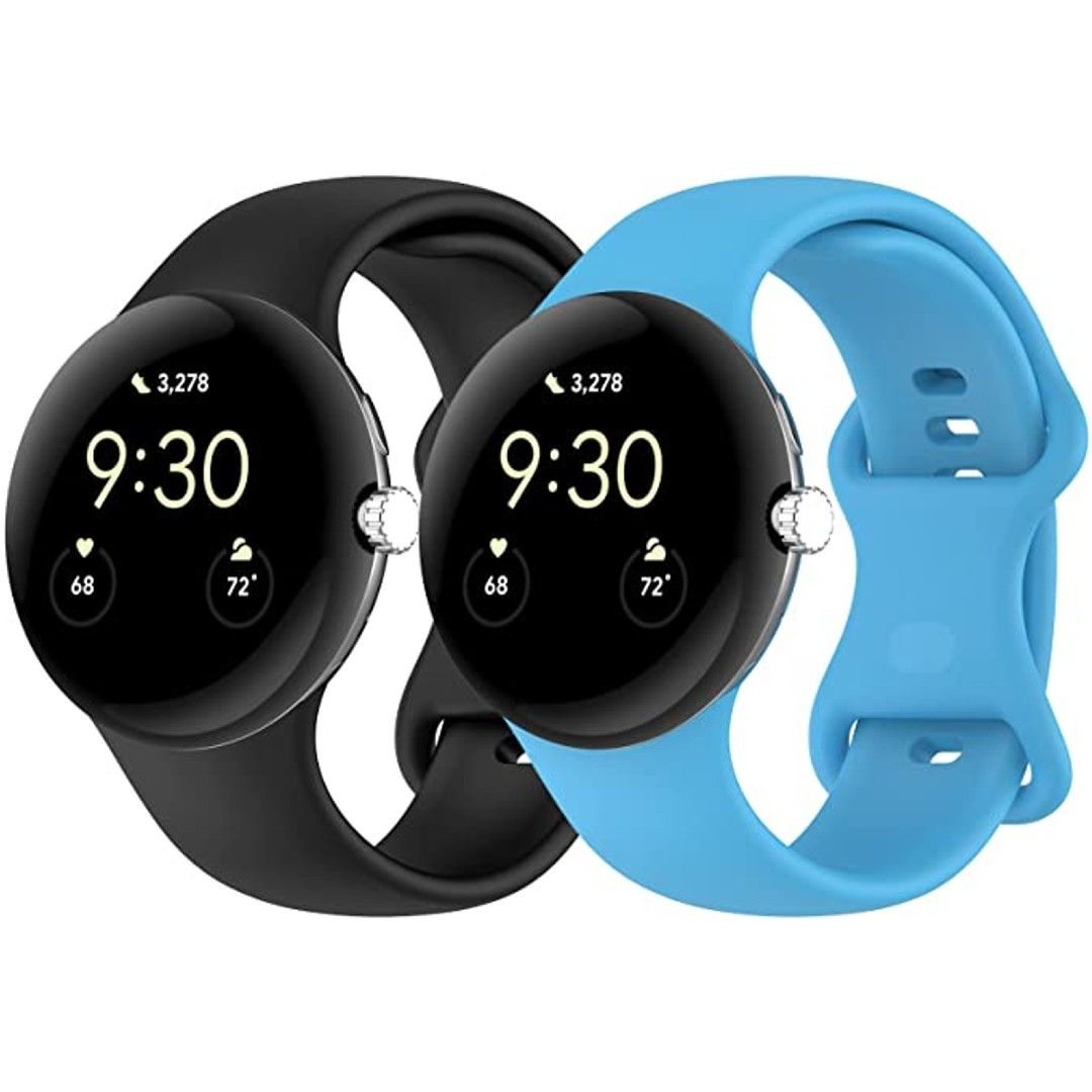 Bandas de dois pacotes de silicone FitTurn para Google Pixel Watch em um fundo branco