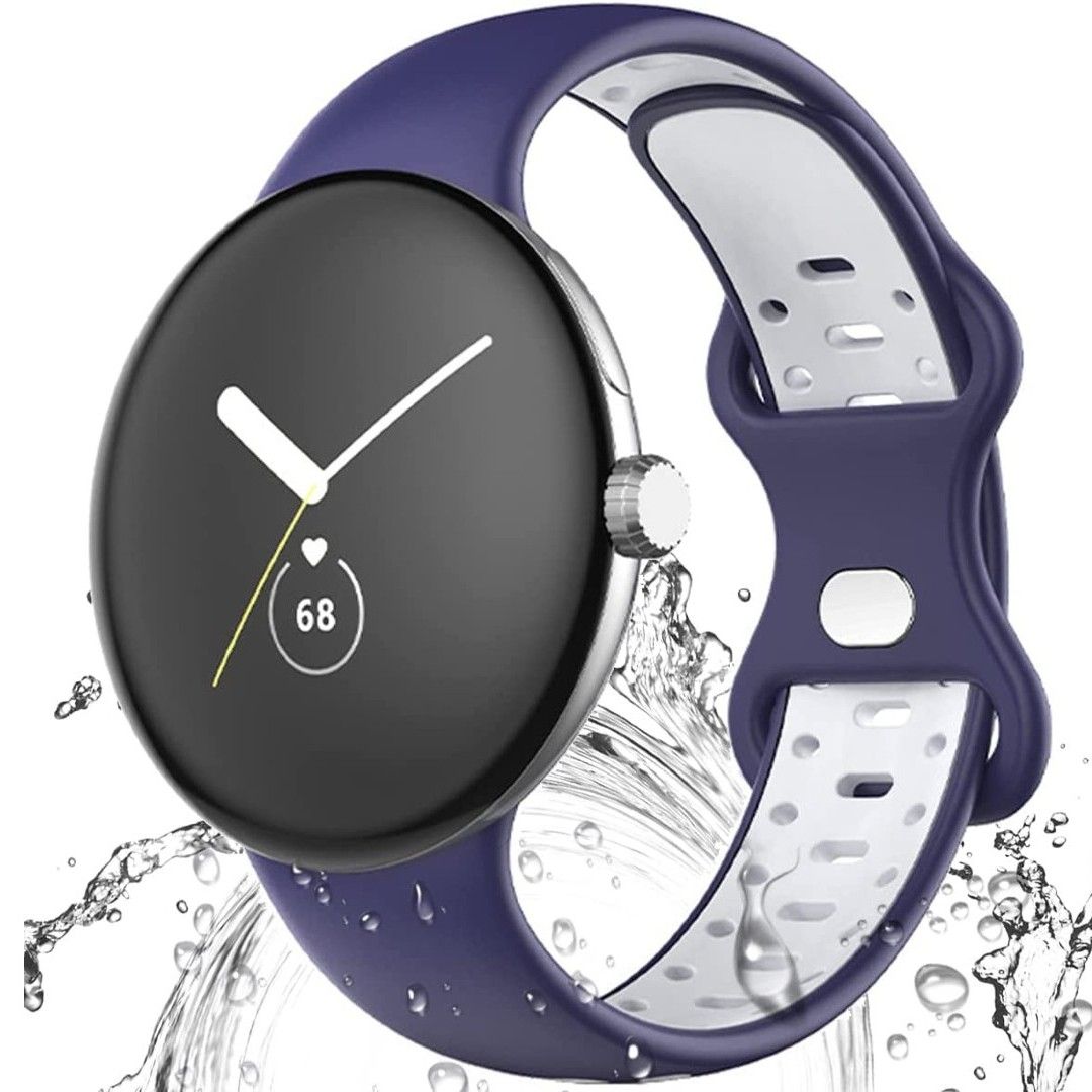 Pulseira esportiva à prova d'água Miimall para Google Pixel Watch retratada em ângulo com respingos de água no fundo