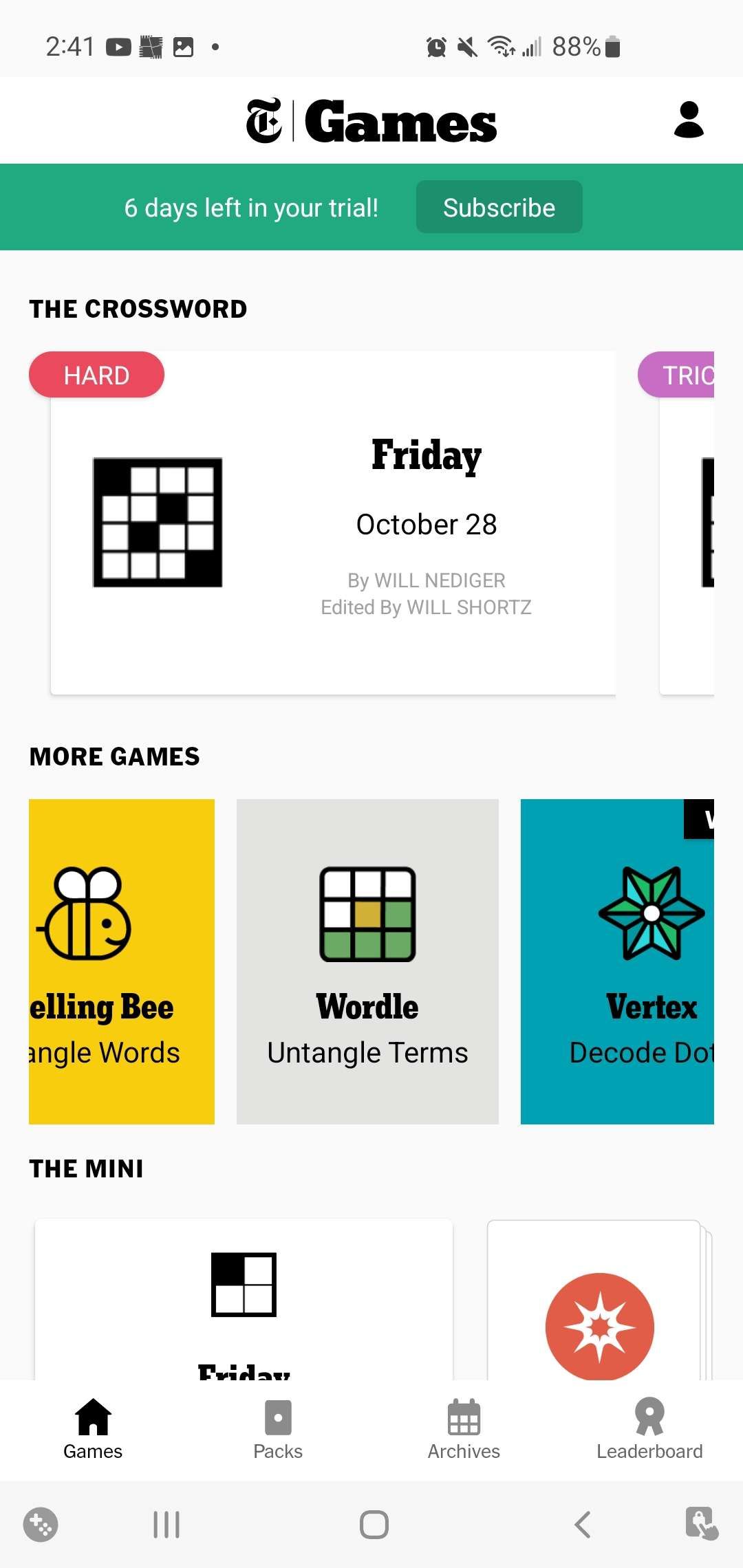 Captura de tela da página inicial do aplicativo NYT Crosswords