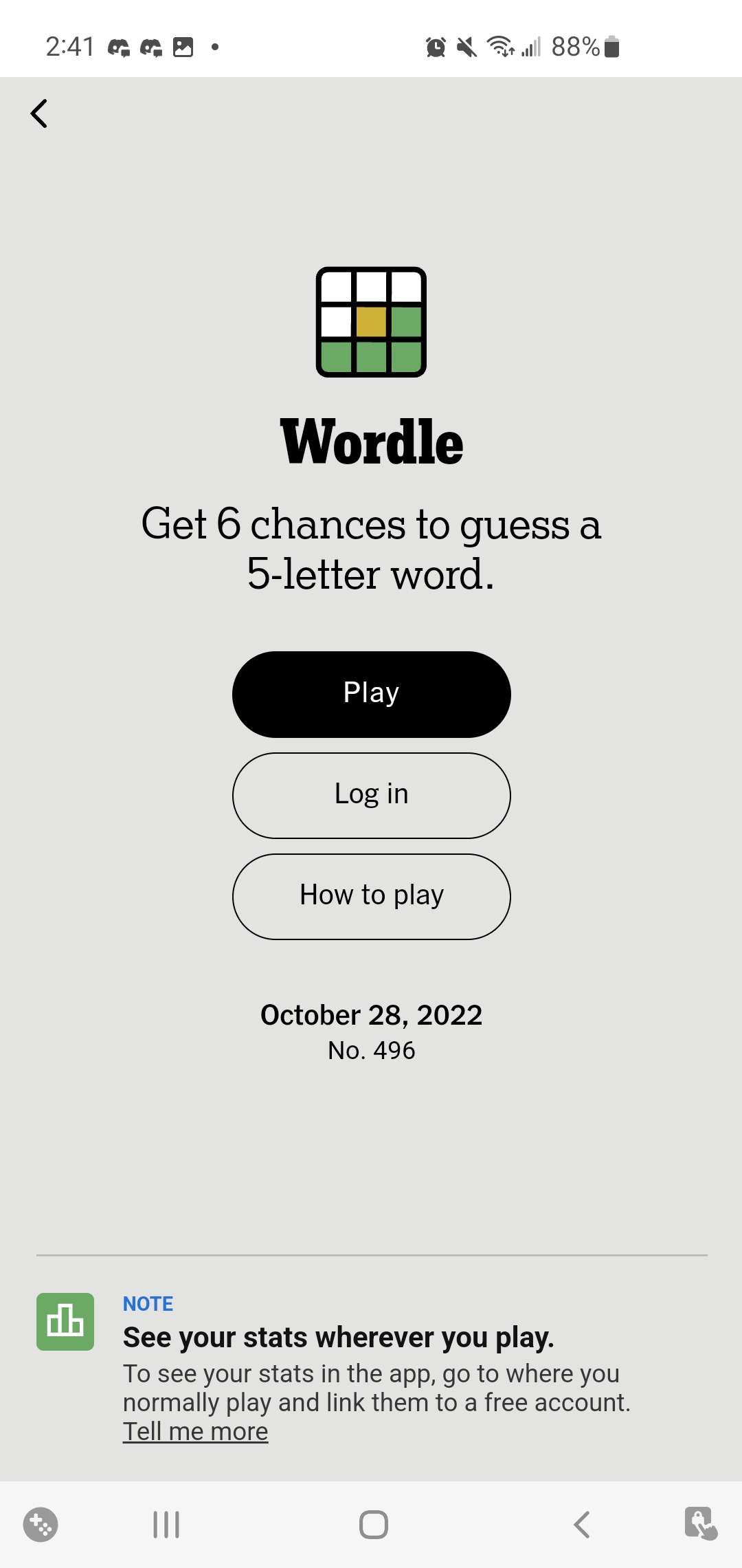 Captura de tela de acesso ao Wordle por meio do aplicativo NYT Crosswords 