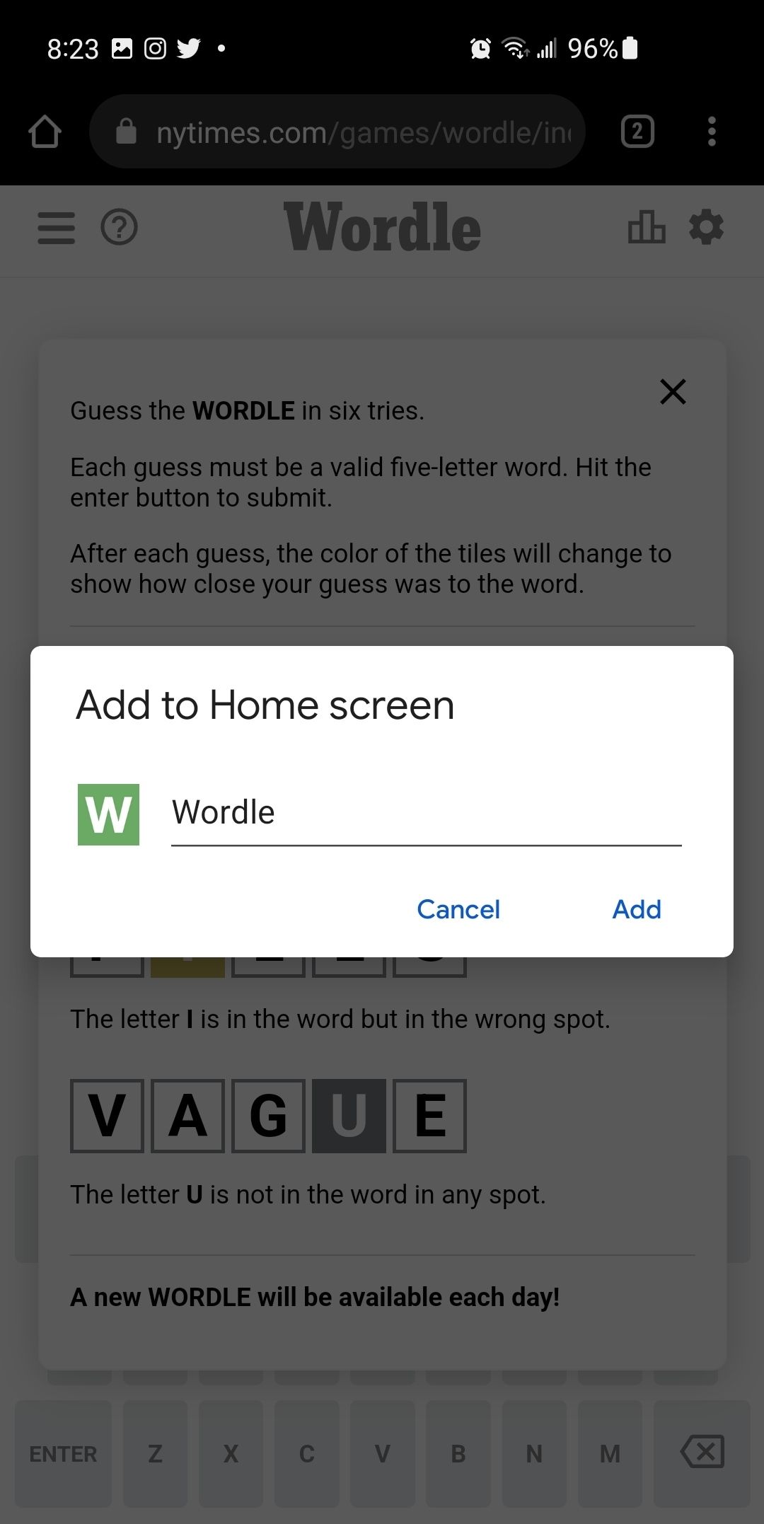 Captura de tela da adição do Wordle à sua tela inicial