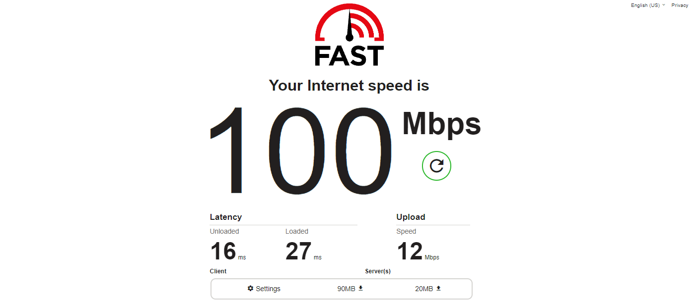 A tela expandida de resultados do teste de velocidade com mais detalhes para o aplicativo da web Fast Speed ​​Test