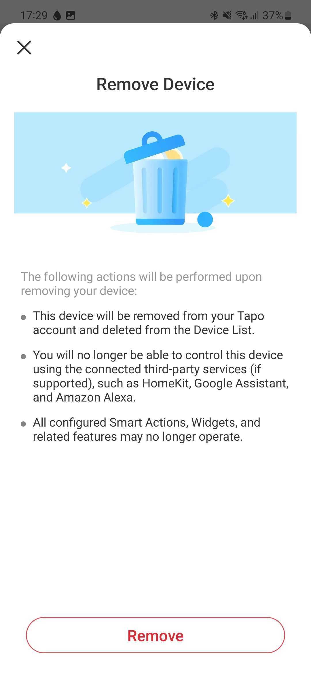 Captura de tela do aplicativo Tapo mostrando a tela de remoção da lâmpada inteligente