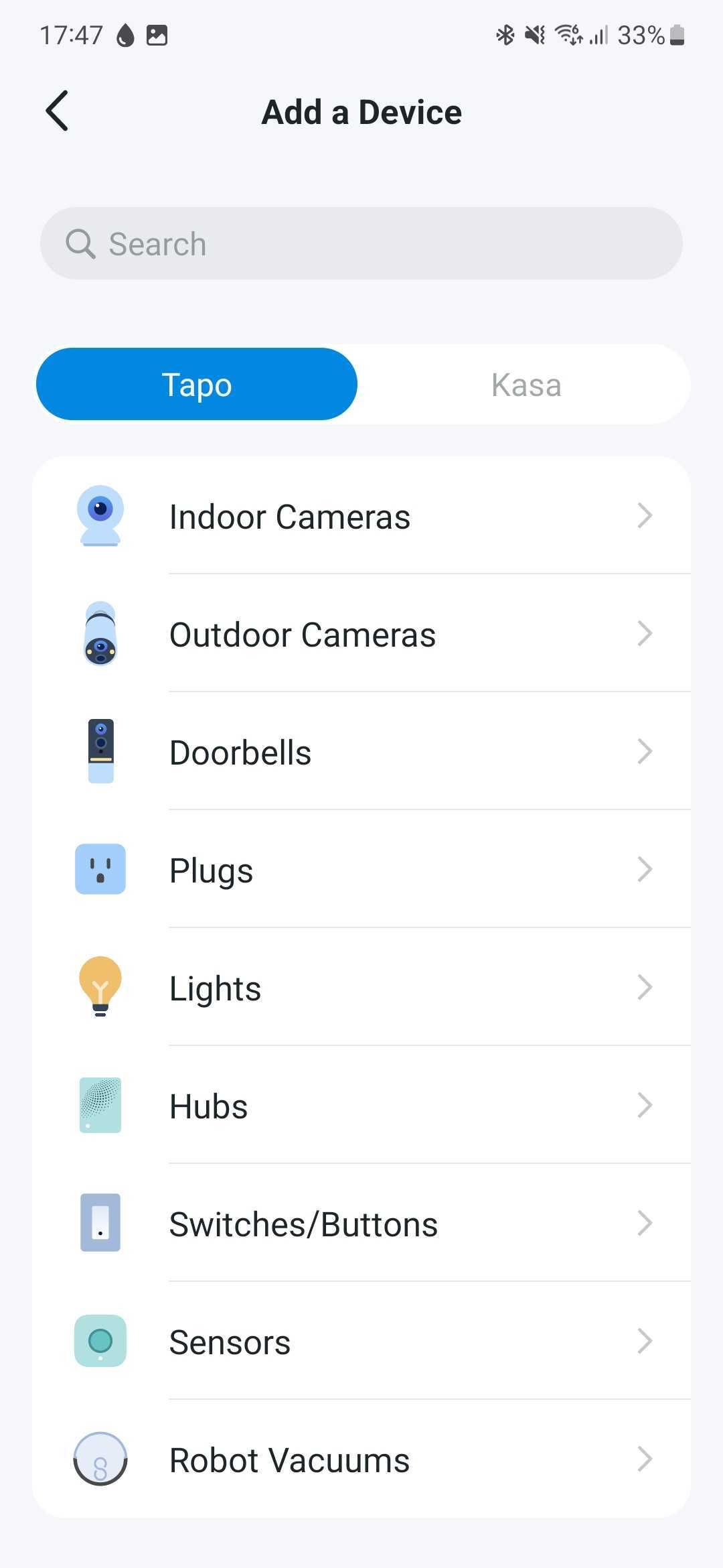 Captura de tela do aplicativo Tapo mostrando os vários tipos de dispositivos disponíveis para adicionar