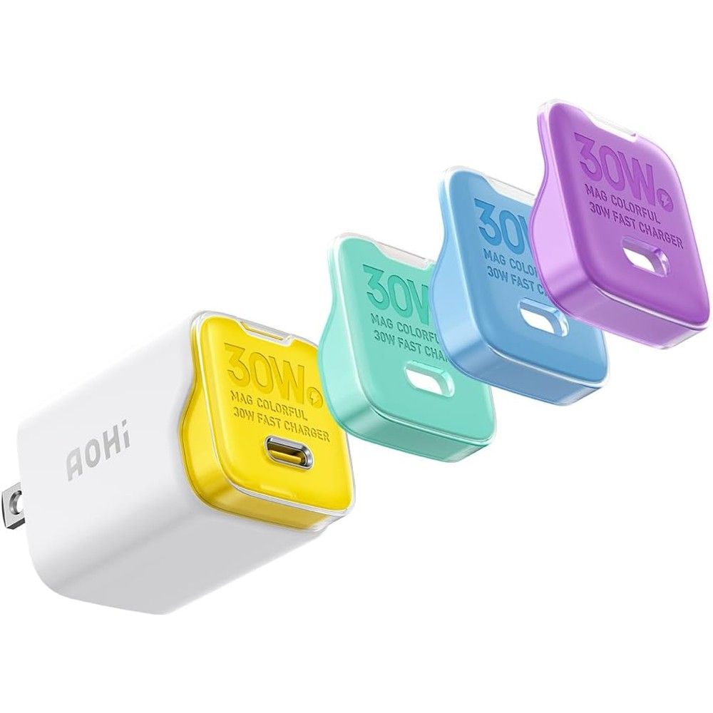 Um carregador AOHI 30W USB C GaN+ com 4 conchas magnéticas em amarelo, verde menta, azul e roxo