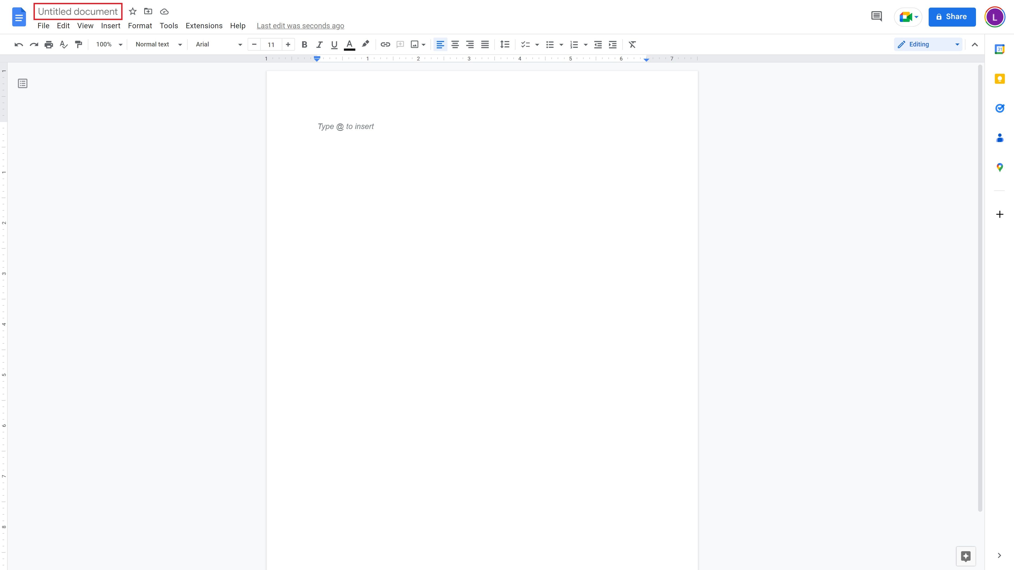 A captura de tela mostra um documento em branco no Google Docs.  Um quadrado vermelho circunda as palavras “Documento sem título” no canto superior esquerdo.