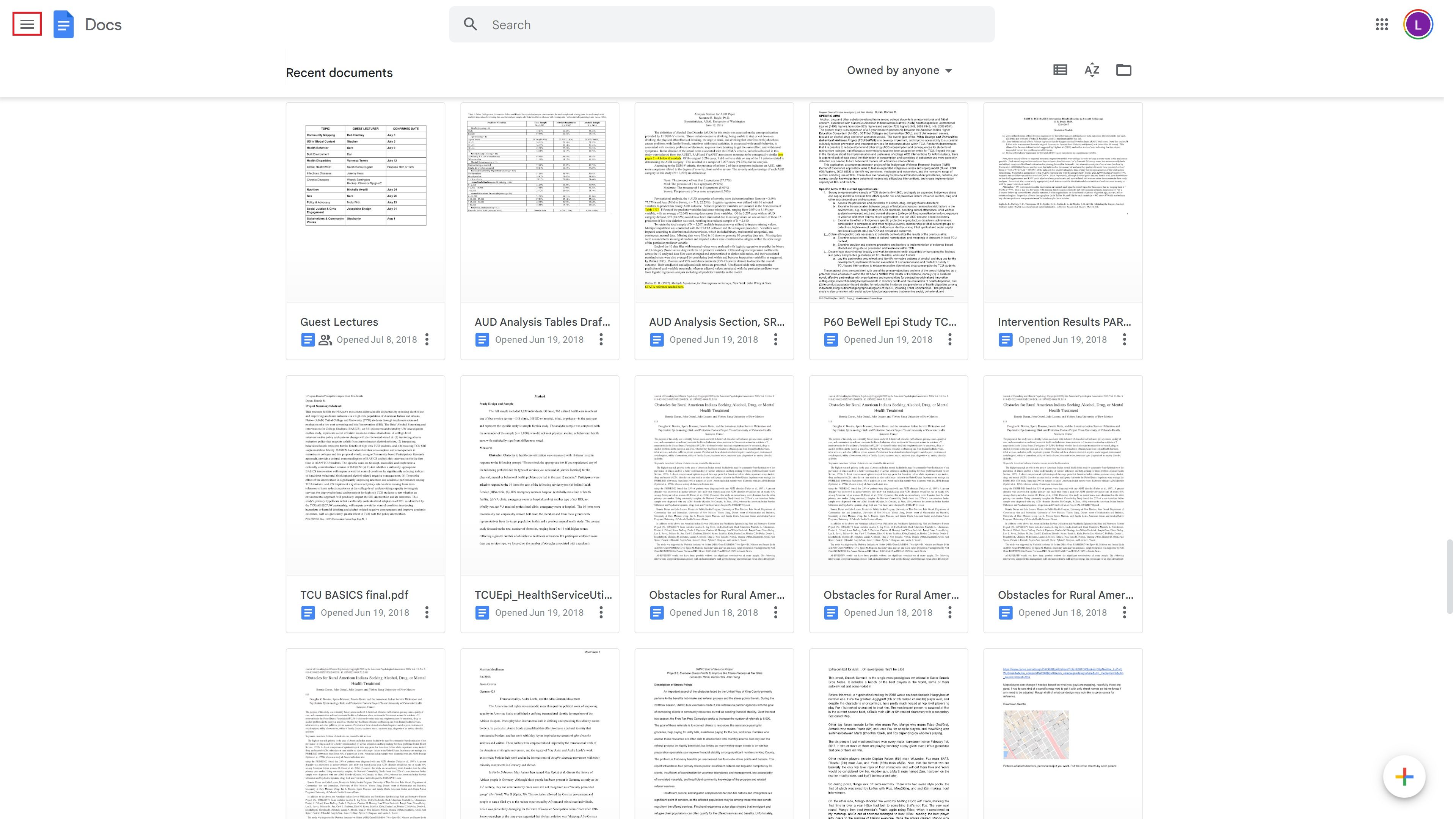 A captura de tela mostra a página principal do Google Docs com muitos “Documentos recentes” exibidos.  Um quadrado vermelho circunda o menu de hambúrguer no canto superior esquerdo.