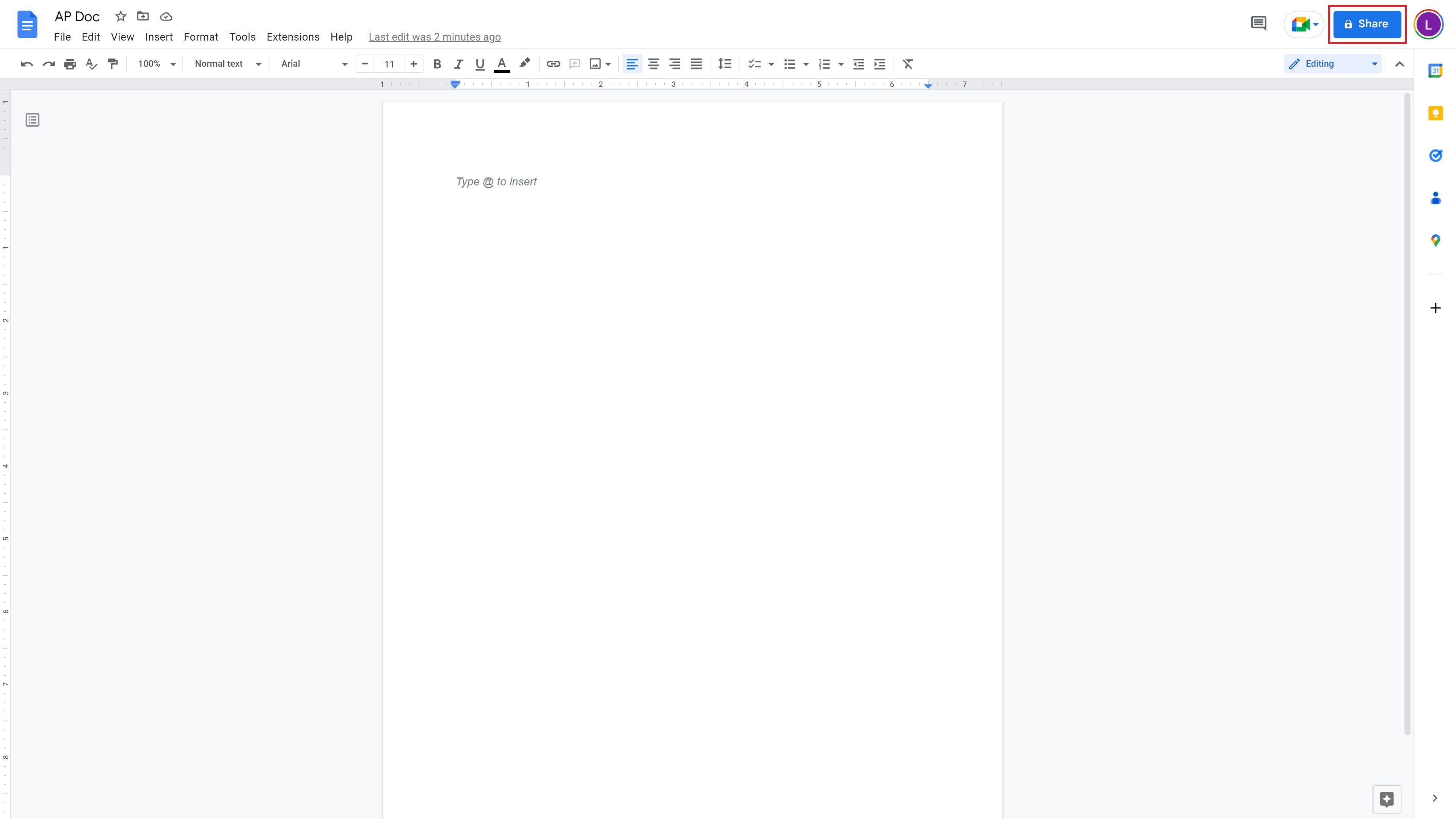 A captura de tela mostra um documento em branco no Google Docs intitulado ‘AP Doc’.  Um quadrado vermelho circunda o botão ‘Compartilhar’ no canto superior direito.