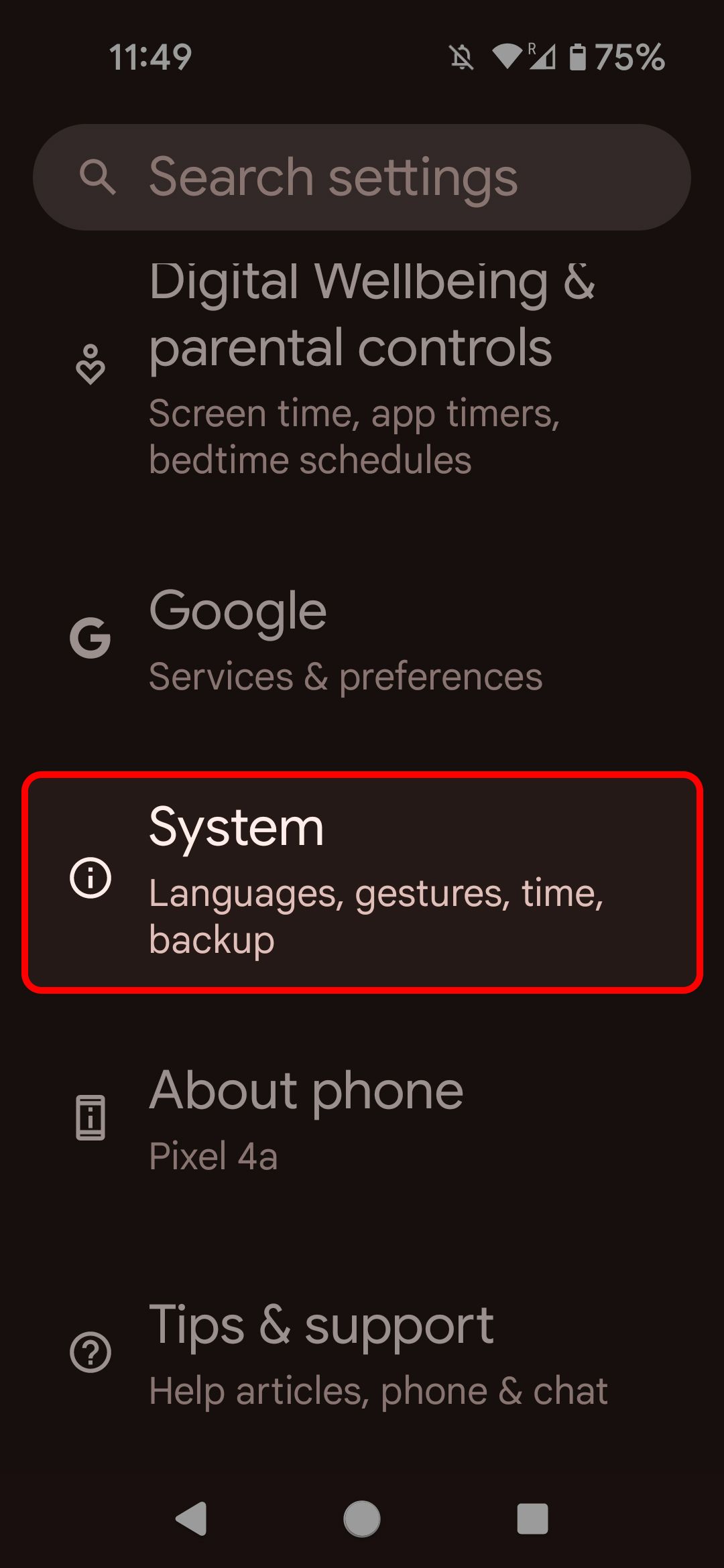 Menu Configurações do Android destacando a opção Sistema