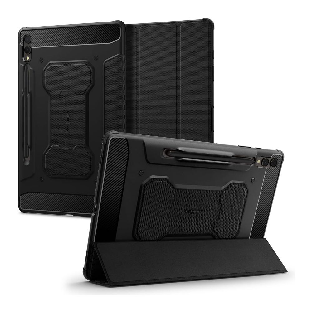 Spigen Rugged Armor Pro para Galaxy Tab S9 Plus, visualizações frontal, traseira e suporte