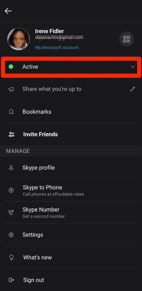 Opções de perfil do Skype no aplicativo móvel