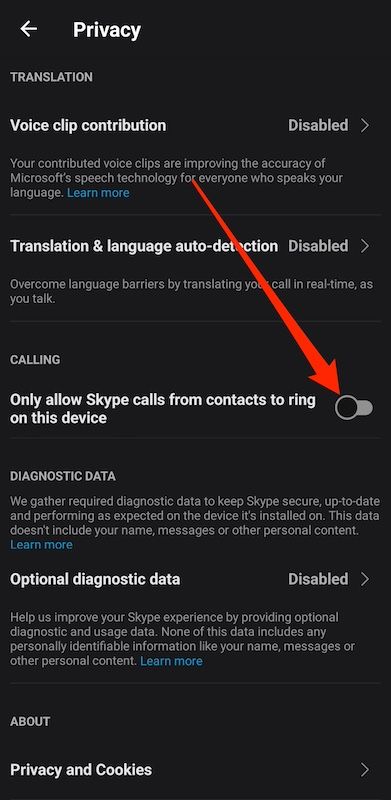 Menu Privacidade nas configurações do Skype no aplicativo móvel