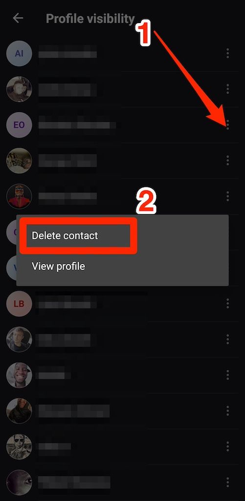 Excluindo um contato da lista de visibilidade do perfil no aplicativo móvel Skype
