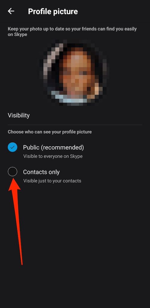 Configurações de imagem de perfil no aplicativo móvel Skype