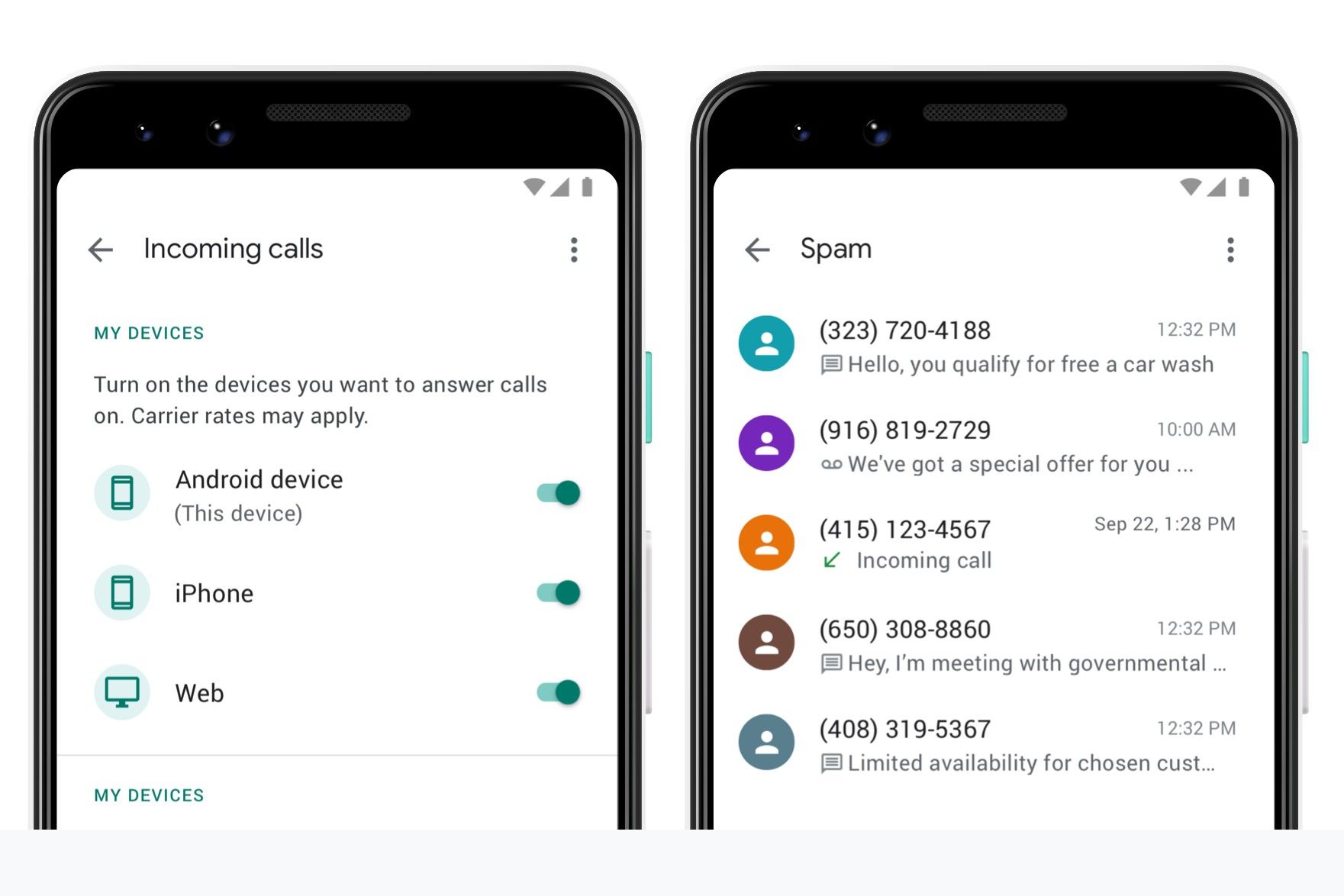 Telas do Google Voice para rotear chamadas e bloquear spam.