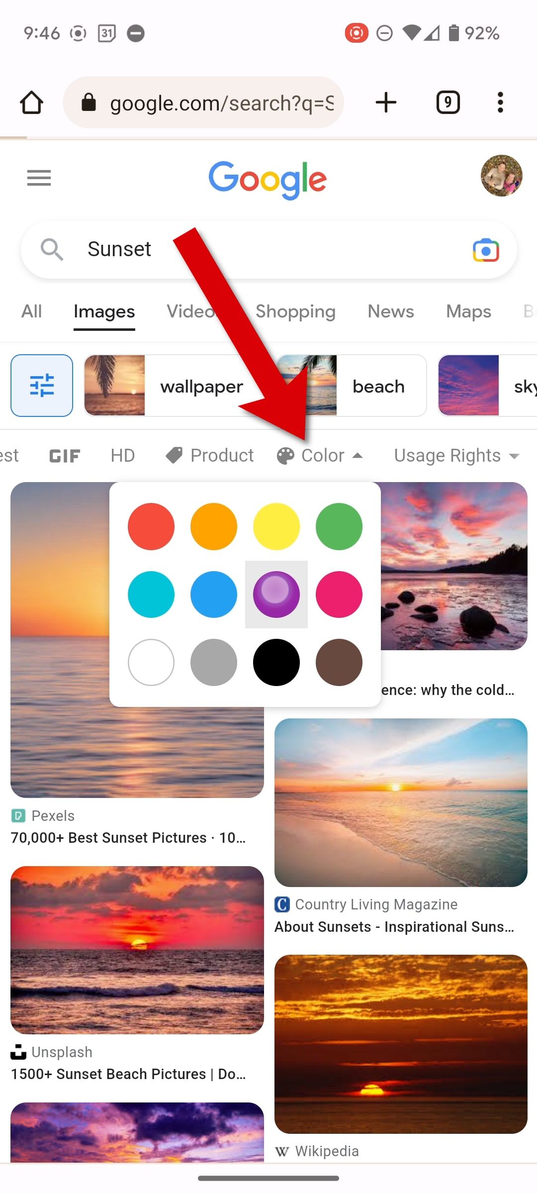 Escolhendo uma cor no Imagens do Google no celular para filtrar imagens