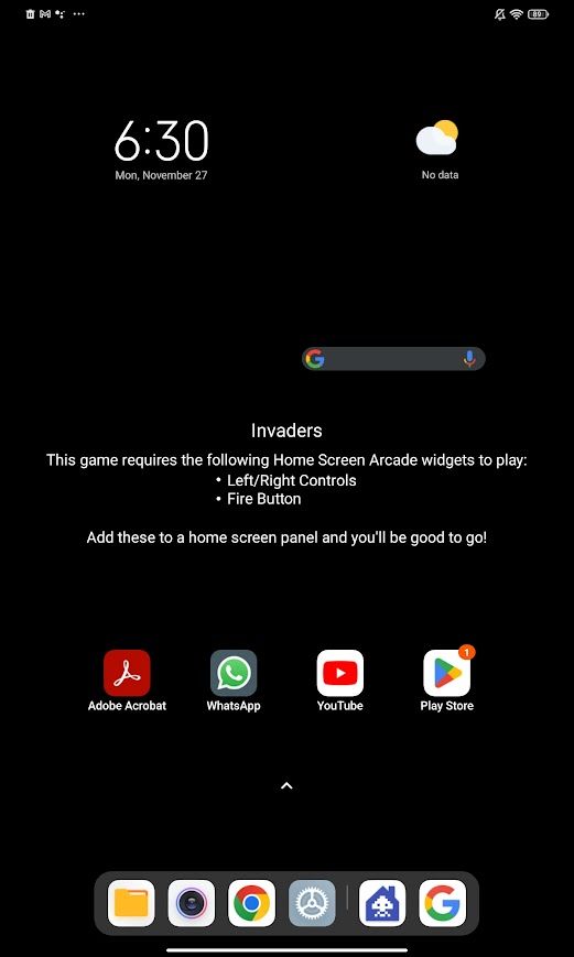 Tela inicial do tablet Android com aviso do aplicativo Home Screen Arcade