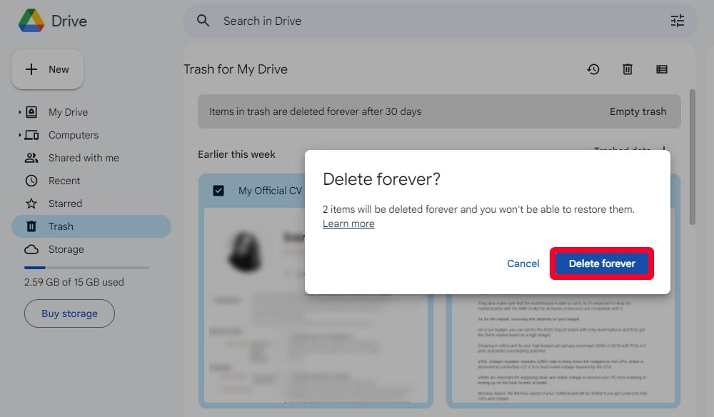 Mensagem pop-up de confirmação para exclusão permanente de arquivos do Google Drive