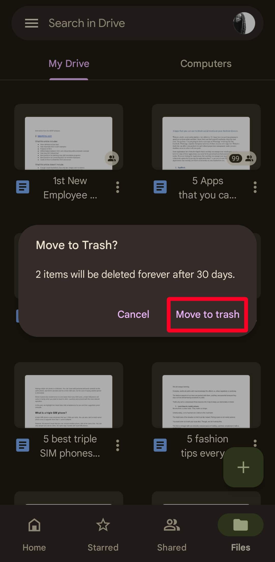 Pop-up de confirmação de mover para a lixeira no aplicativo móvel do Google Drive