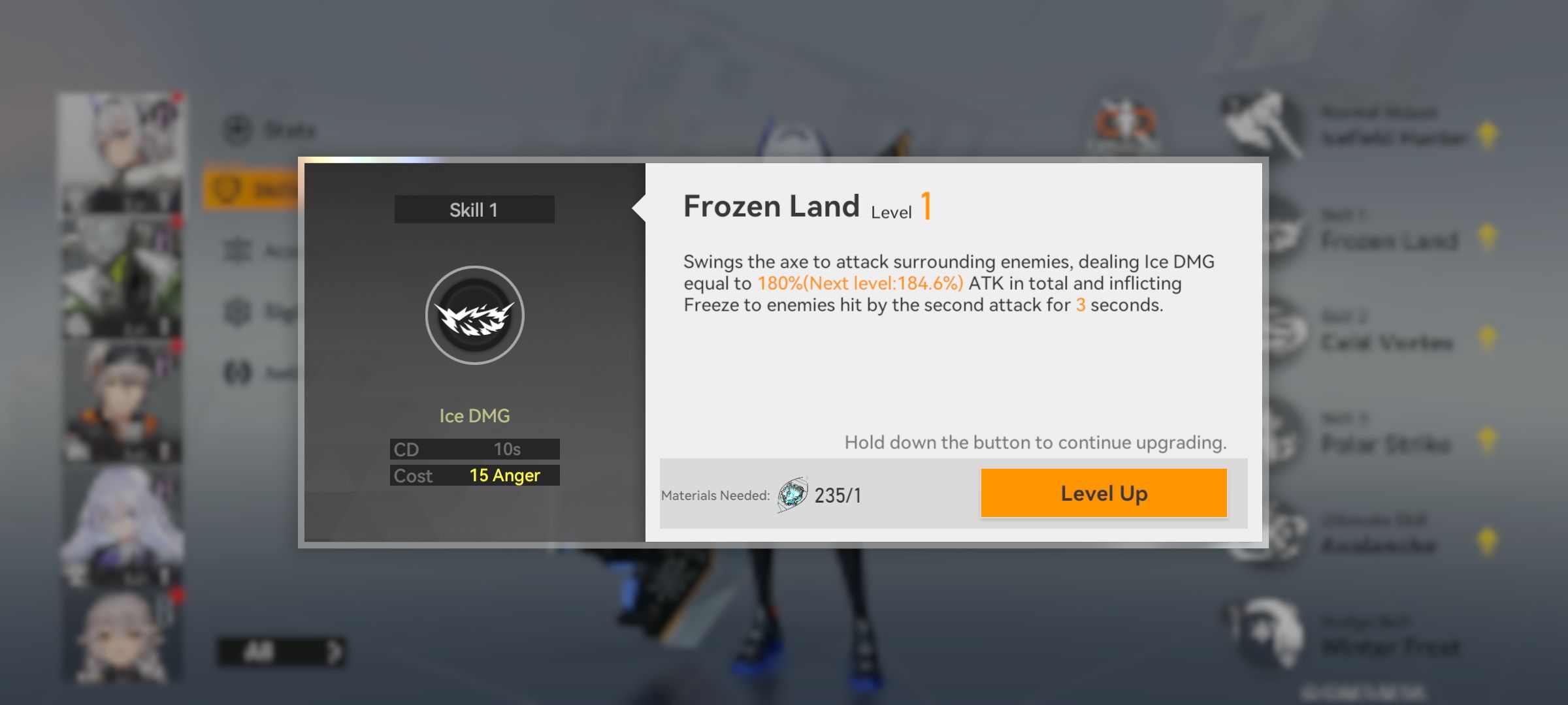 descrição da terra congelada e botão de subida de nível para atualização de habilidades