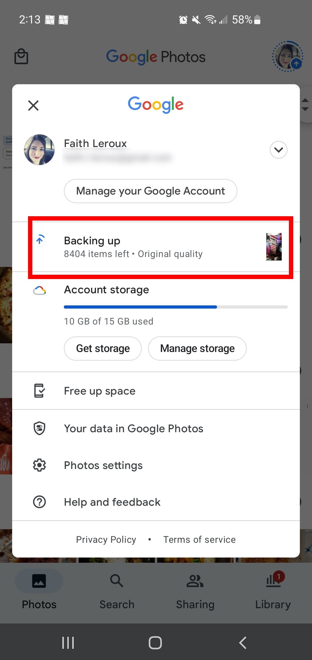 Captura de tela da opção de backup no Google Fotos