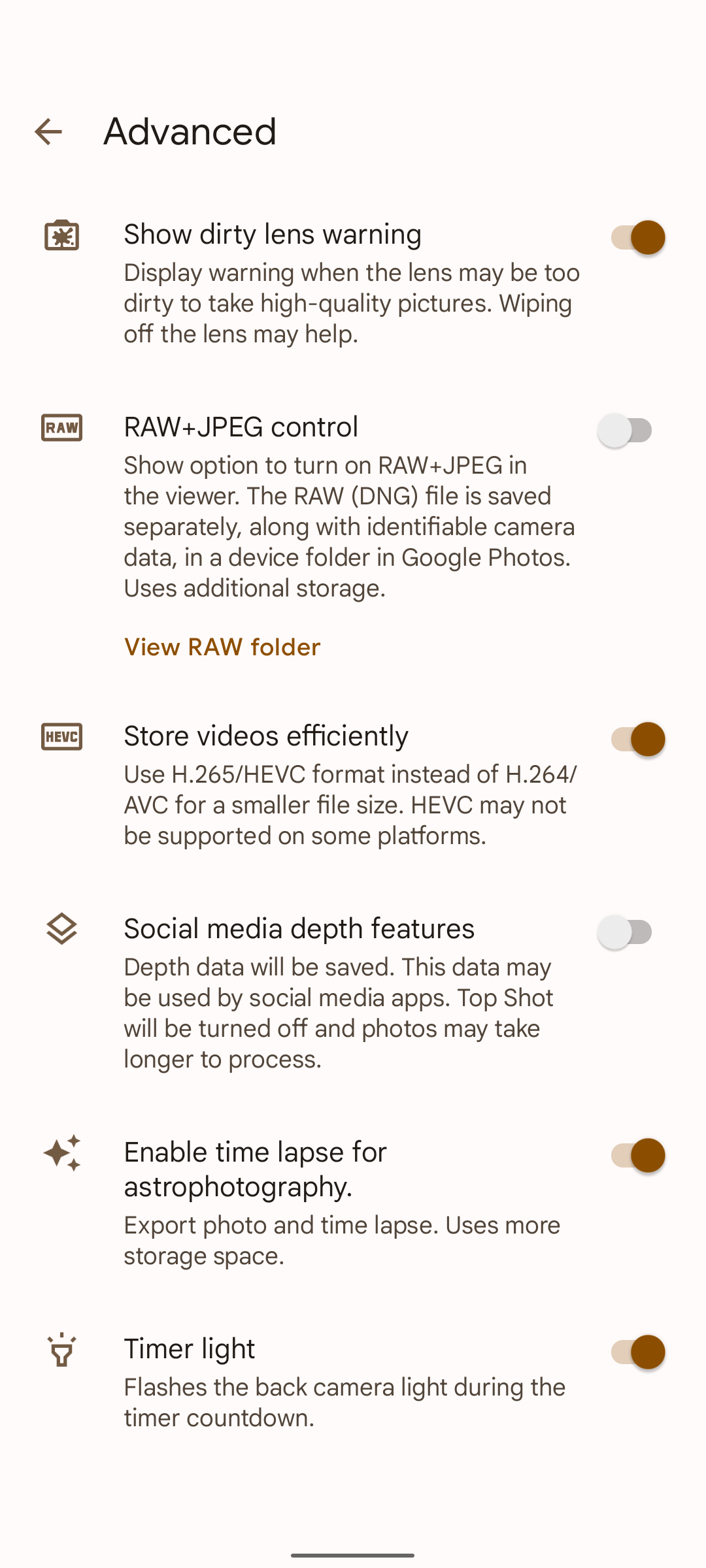 Captura de tela das configurações avançadas do aplicativo de câmera do smartphone Google Pixel