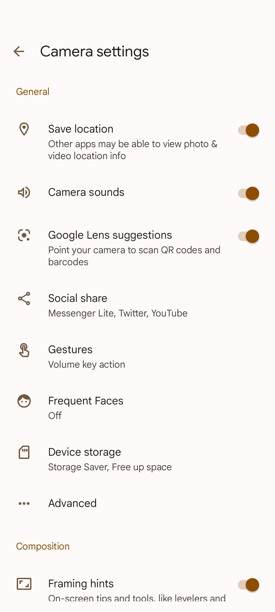 Captura de tela das configurações do aplicativo de câmera do smartphone Google Pixel