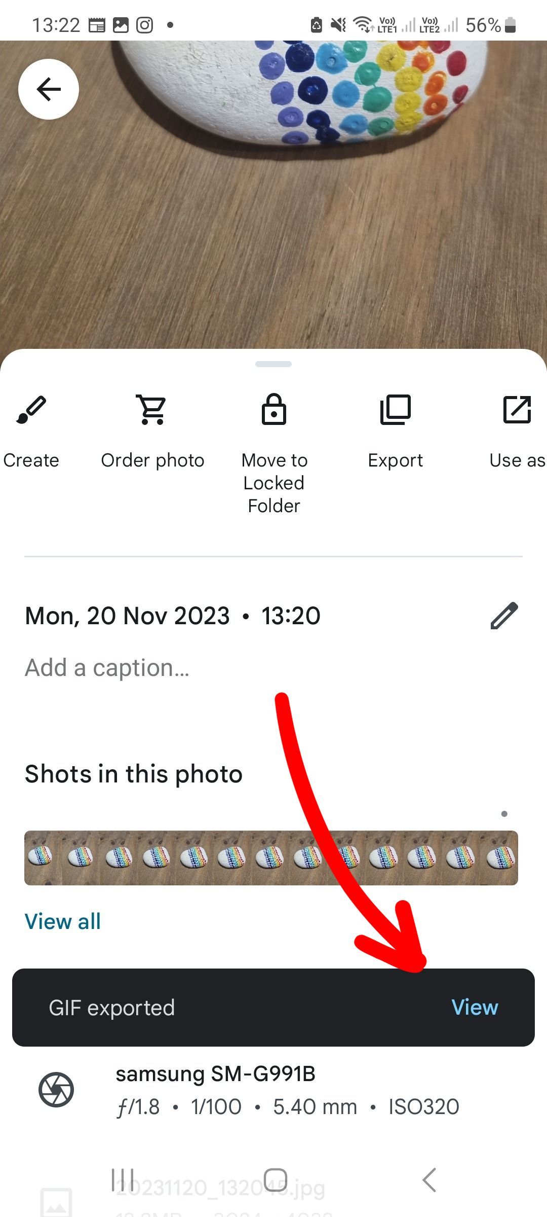 Mensagem de confirmação exportada em gif do aplicativo Samsung Google Photo