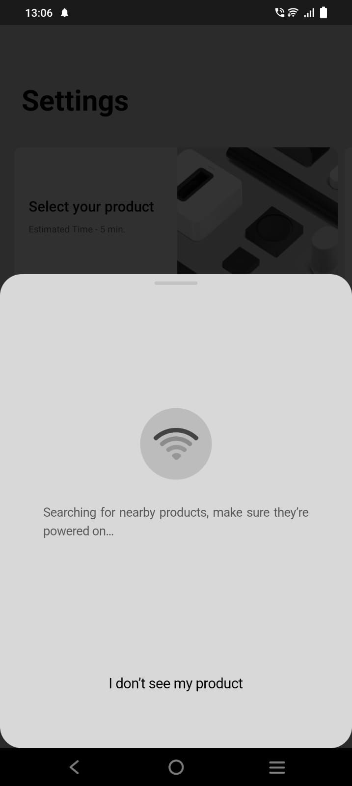 Captura de tela mostrando a página de pesquisa de produtos no aplicativo Sonos