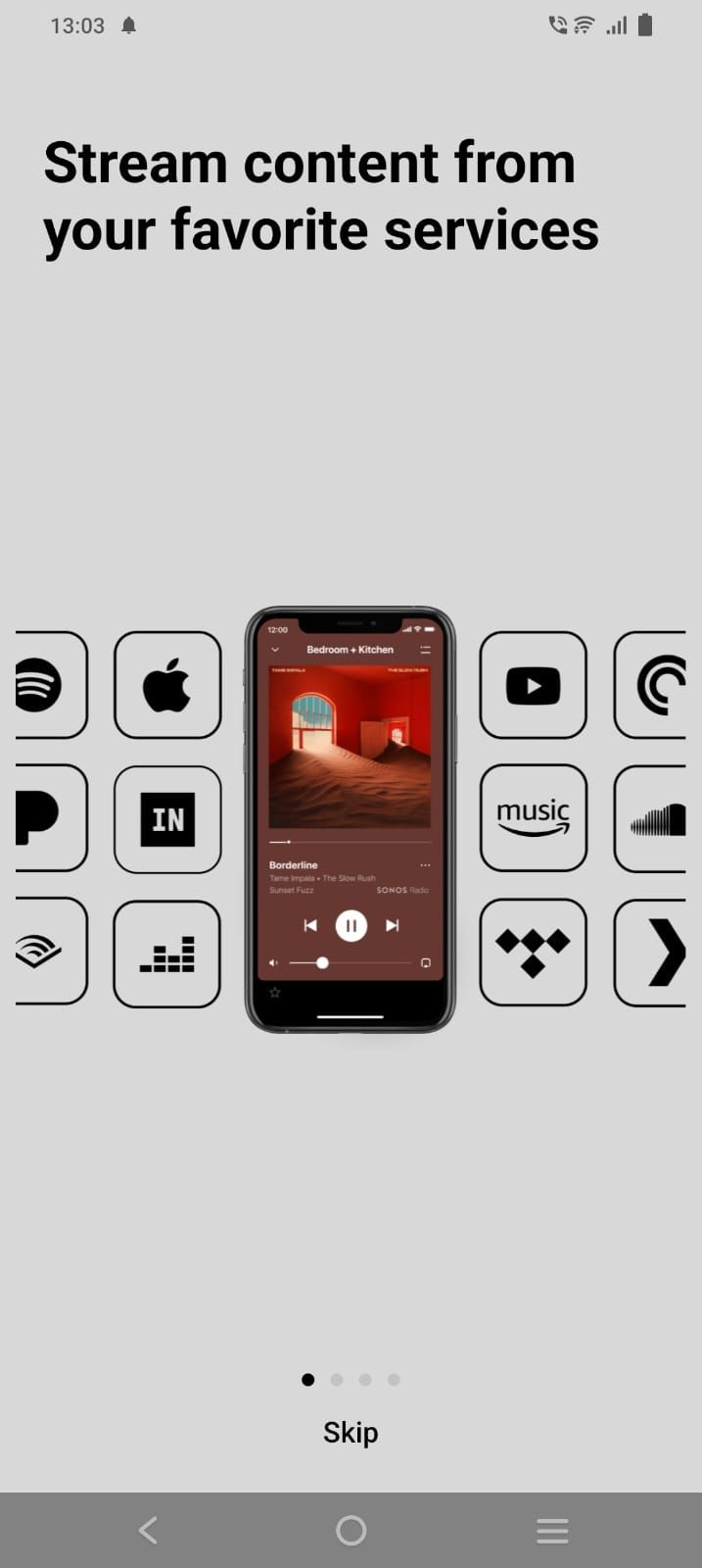 Captura de tela da tela de boas-vindas do aplicativo Sonos