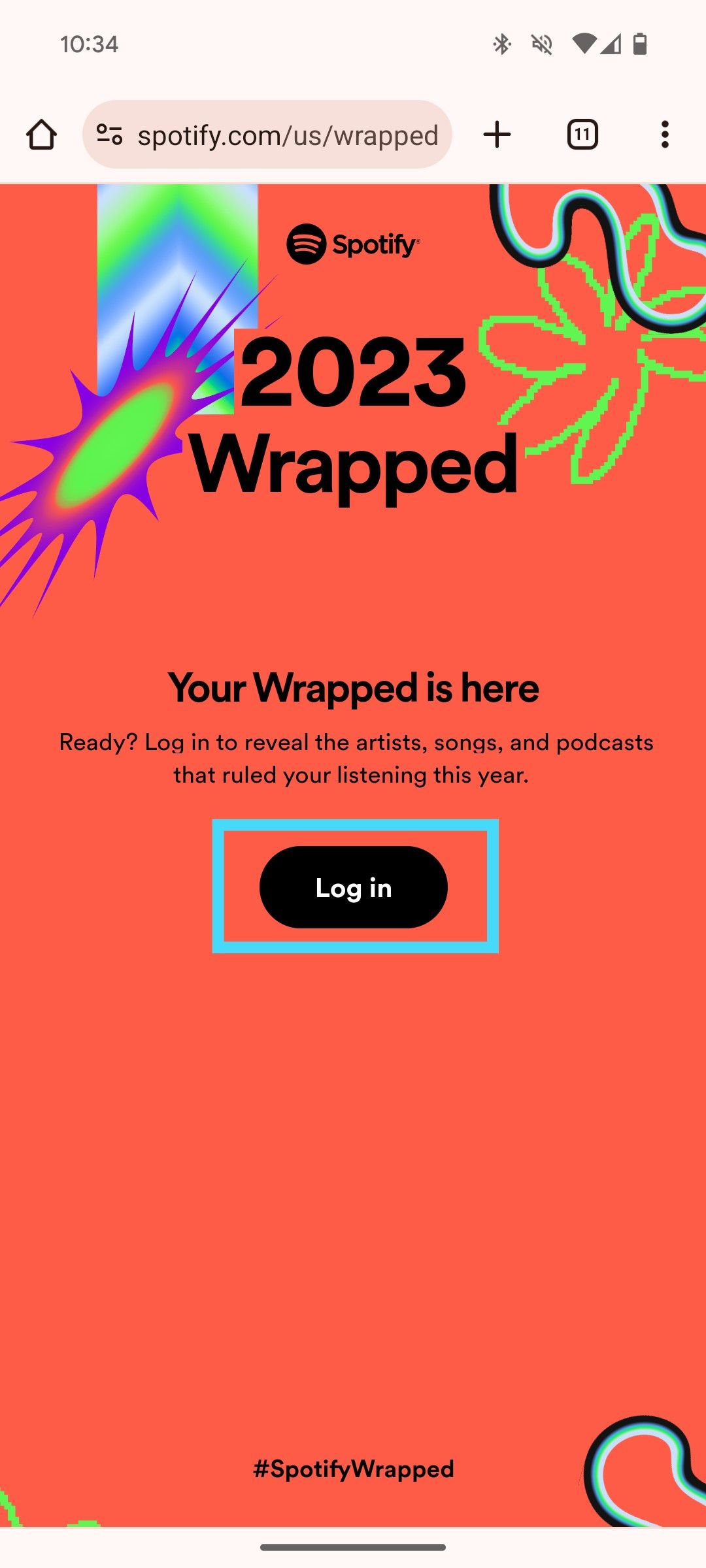 Interface web Wrapped 2023 do Spotify com ‘Login’ em destaque