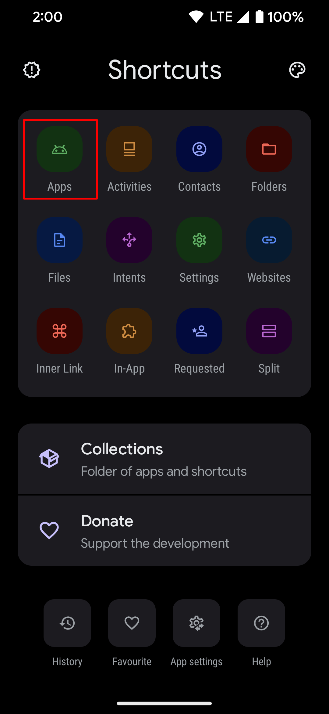 Selecionando a opção Aplicativos para o aplicativo Android Shortcut Maker